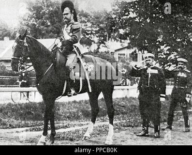 Nicholas II (1868-1918). Last Emperor of Russia. Photography of Tsar on horseback, ready to take his morning walk. Last portrait of Tsar. The Artistic Illustration. Stock Photo