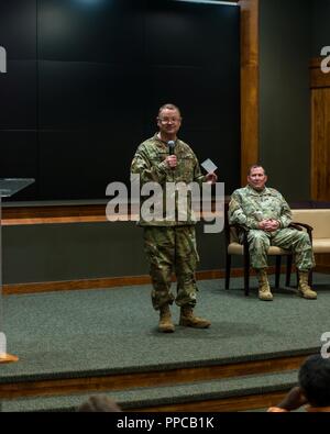 Chaplain (Col.) Steve Foster speaks during his promotion ceremony at Camp Lincoln, Springfield, Illinois, on Aug. 21. Foster is the full time chaplain for the Illinois National Guard since 2004. Stock Photo