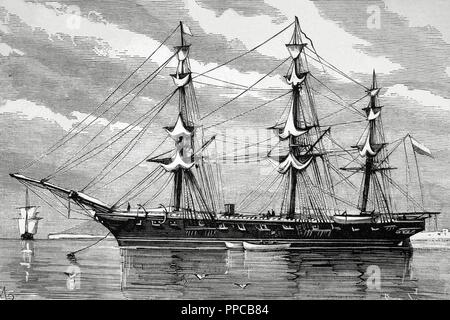 War of the Pacific (1879-1883). Western South America with Bolivia and Peru in front of Chile as a belligerants. Chilean corvette 'Esmeralda' Engraving by Capuz. La Ilustracio n Espan ola y Americana, 1879. Stock Photo