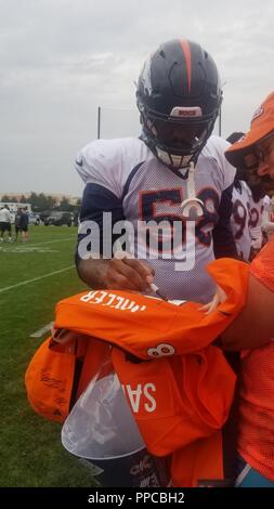 Denver Broncos linebacker Von Miller (58) and Bradley Chubb (55) runs a ...