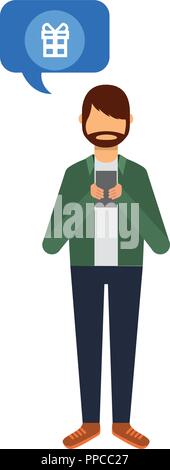 beard man using smartphone gift speech bubble Stock Vector