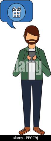 beard man using smartphone gift speech bubble Stock Vector