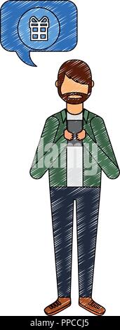 beard man using smartphone gift speech bubble Stock Vector