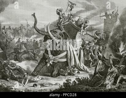 Hamilcar Barca (275-228 BC). Carthaginian general, leader of the Barcid family and father of Hannibal. Expedition in Hispania. Death of Hamilcar Barca in Illici battle (228BC). Engraving, 19th century. Stock Photo