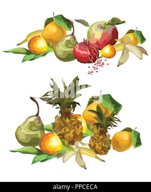 Vector colorful image group of tropical fruits (pineapple, pear, Apple, lemon, orange, banana, pomegranate). Illustration for art and designe isolated Stock Vector