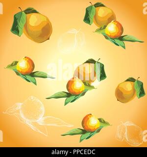 Vector colorful illustration. Seamless pattern with vector and hand drawing fruits lemon and tangerine isolated on yellow and orange gradient backgrou Stock Vector