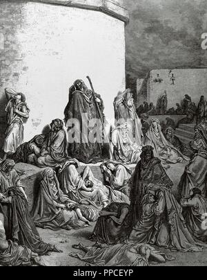 Siege and looting of Jerusalem and destruction of the temple (587 B.C.) by the Babylonian king Nebuchadnezzar II (634-562 B.C) who reigned between 605-562 B.C. Book of Jeremiah. Drawing by Gustave Dore. Engraving by A. Beltrame. Stock Photo