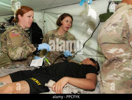 Soldiers with the 131st Field Hospital, 528th Hospital Center, assess a ...