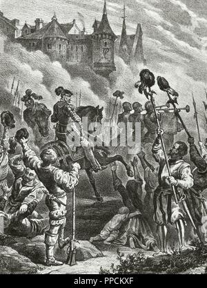 The Portuguese succession crisis of 1580. The fall of Lisbon. Fernando Alvarez de Toledo y Pimentel (1507-1582), 3rd Duke of Alba and supreme commander in Portugal in 1580, defeated Antonio I of Portugal in the Battle of Alcantara and reduced Portugal to the subjection of Philip II of Spain. Engraving. Stock Photo