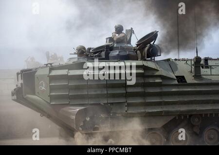 U.S. Marines with 3D Assault Amphibian Battalion operate an AAV-P7/A1 during a simulated mechanized raid with the Marines of Bravo Company, 1st Battalion, 4th Marines, 1st Marine Regiment at Marine Corps Base Camp Pendleton, Calif., Aug. 28, 2018. The Marines were observed by Expeditionary Operations Training Group to prepare the units for an upcoming deployment with the 31st Marine Expeditionary Unit. Stock Photo