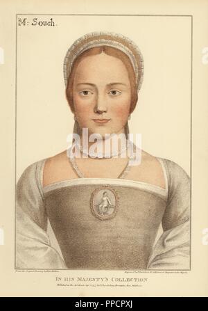 Joan Zouch, wife of Richard Zouch, sister of Sir Edward Rogers, Comptroller of the Household to Queen Elizabeth I. Or Mary Zouch, lady in waiting to Jane Seymour. Handcoloured copperplate engraving by Francis Bartolozzi after Hans Holbein from Facsimiles of Original Drawings by Hans Holbein, Hamilton, Adams, London, 1884. Stock Photo