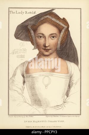 The Lady Ratclif, wife of Robert, 1st Earl of Sussex of the Ratcliffes. Probably the erudite Mary Arundell (d.1557), only child of Sir John Arundell of Cornwall. Handcoloured copperplate engraving by Francis Bartolozzi after Hans Holbein from Facsimiles of Original Drawings by Hans Holbein, Hamilton, Adams, London, 1884. Stock Photo