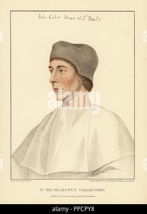 John Colet, Dean of St. Paul's Cathedral, scholar and friend of Erasmus, 1467-1519. Handcoloured copperplate engraving by Francis Bartolozzi after Hans Holbein from Facsimiles of Original Drawings by Hans Holbein, Hamilton, Adams, London, 1884. Stock Photo