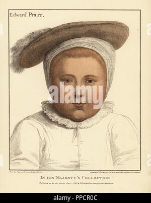 Prince Edward, aged 1, later King Edward VI of England, 1537-1553. Son of Henry VIII and Jane Seymour. Handcoloured copperplate engraving by Francis Bartolozzi after Hans Holbein from Facsimiles of Original Drawings by Hans Holbein, Hamilton, Adams, London, 1884. Stock Photo