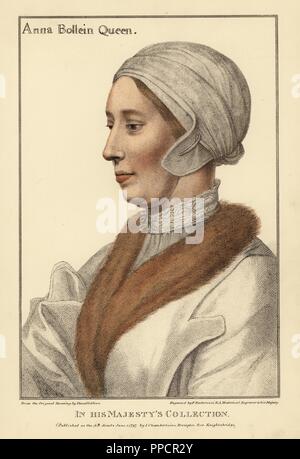 Queen Anne Boleyn, second wife of King Henry VIII, 1501-1536. Handcoloured copperplate engraving by Francis Bartolozzi after Hans Holbein from Facsimiles of Original Drawings by Hans Holbein, Hamilton, Adams, London, 1884. Stock Photo