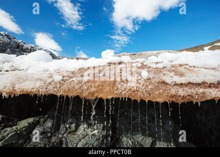 Melting ice and snow at on Joinville Island just off the Antarctic Peninsula. The Peninsula is one of the fastest warming places on the planet. Stock Photo