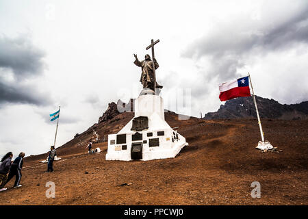 Christ the Redeemer of Andes, statue at the border of Argentina and Chile between Mendoza and Santiago Stock Photo