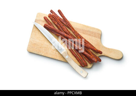 Sausage sticks snack. Chorizo snack isolated on white background. Stock Photo