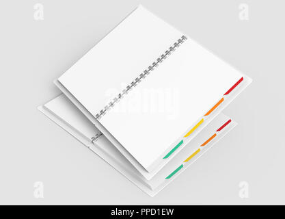 White open hard cover notebooks with colorful tags in 3d rendering on light grey background, elevated view Stock Photo