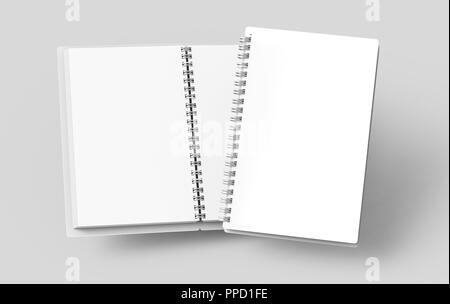 Float white hard cover open notebooks in 3d rendering on light grey background Stock Photo