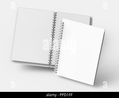 Float white hard cover open notebooks in 3d rendering on light grey background Stock Photo