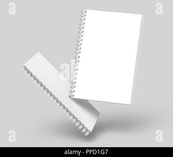 Float white hard cover notebooks in 3d rendering on light grey background Stock Photo