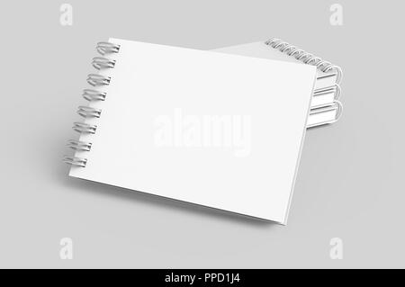 Pile of white hard cover notebooks in 3d rendering on light grey background, elevated view Stock Photo