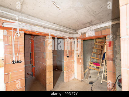 Switch board in new home. Electrical cables! Stock Photo