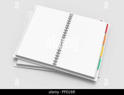 White open hard cover notebooks with colorful tags in 3d rendering on light grey background, elevated view Stock Photo