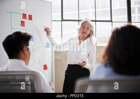 Senior businesswoman using whiteboard in meeting,  close up Stock Photo