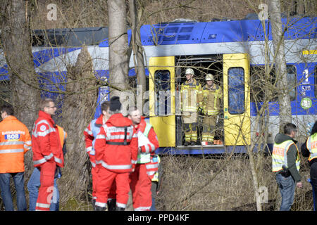 After the frontal collision of two meridian trains at Bad Aibling, rescue workers from the fire brigade, the police, the Bergwacht (mountain rescue service), Wasserwacht (water rescue service), the Red Cross and the Technisches Hilfswerk at the scene of the accident, trying to rescue the injured and salvage the bodies of those killed. Stock Photo