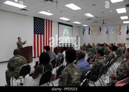 Army Medical Department Professional Management Command hosted a Welcome Home Warrior Citizen Recognition ceremony on Friday, August 17th to honor approximately 25 U.S. Army Reserve Soldiers who mobilized or deployed in support of global contingency operations.  Here, Col. John Eddy, Army Reserve Medical Command Chief of Staff, thanks Soldiers and family members in the audience.  The Welcome Home Warrior Citizen Award is designed to publically acknowledge our Army Reserve Soldiers for their selfless-service and sacrifice, as well as recognizing the family members who provide that support along Stock Photo