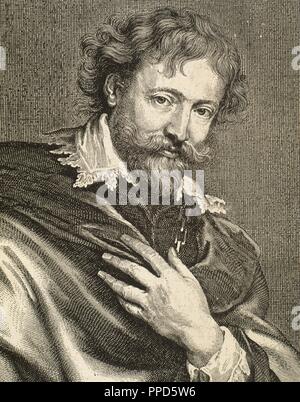 Peter Paul Rubens (1577-1640). Flemish painter. Portrait. Engraving by Paulus Pontius (h.1632) from a drawing by Van Dyck. Stock Photo