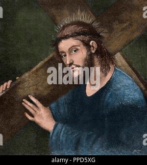 Christ Carrying the Cross on his way to his crucifixion. Engraving by Rico. 'La Ilustracion Espanola y Americana', 1890. Colored. Stock Photo