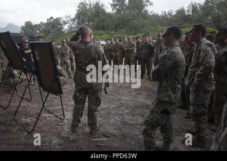 U.S. Soldiers and Marines assigned to the Defense POW/MIA Accounting Agency (DPAA) and Lightning Academy, 25th Infantry Division, prepare to conduct helocast training at Marine Corps Training Area Bellows, Hawaii, Aug. 29, 2018. DPAA conducts global search and recovery operations in some of the most austere environments on the planet in the effort to provide the fullest possible accounting of our missing personnel to their families and the nation. Stock Photo