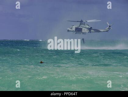 U.S. Soldiers and Marines assigned to the Defense POW/MIA Accounting Agency (DPAA) and Lightning Academy, 25th Infantry Division, conduct helocast training from a UH-1Y Huey helicopter at Marine Corps Training Area Bellows, Hawaii, Aug. 29, 2018. DPAA conducts global search and recovery operations in some of the most austere environments on the planet in the effort to provide the fullest possible accounting of our missing personnel to their families and the nation. Stock Photo