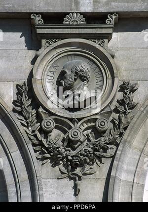 Juan de Mariana (1536-1624). Spanish Jesuit priest. Relief on a medallion. Detail of the facade, National Library. Madrid, Spain. Stock Photo