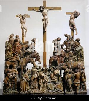 Crucifixion (Calvary). Sculptural group. Southern Netherlands, c. 1430-1440. Oak, polychrome. Schnu tgen Museum. Cologne, Germany. Stock Photo