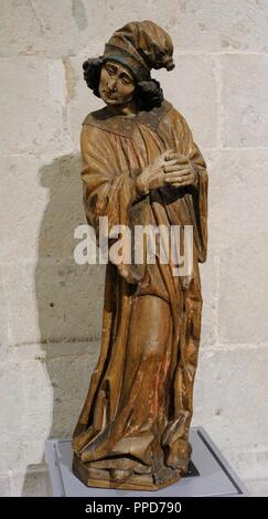 Nicodemus. Pharisee and member of the Sanhedrin, a ruler of the Jews. Mentioned in the Gospel of John. Carving. Lower Rhine, c. 1500. Wood, polychrome. Germany. Museum Schnu tgen. Cologne, Germany. Stock Photo