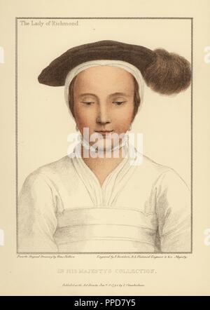 Mary, Lady of Richmond, daughter of Thomas Howard, 3rd Duke of Norfolk. Later Mary FitzRoy, Duchess of Richmond and Somerset, wife of Henry VIII's illegitimate son Henry Fitzroy. Handcoloured copperplate engraving by Francis Bartolozzi after Hans Holbein from Facsimiles of Original Drawings by Hans Holbein, Hamilton, Adams, London, 1884. Stock Photo