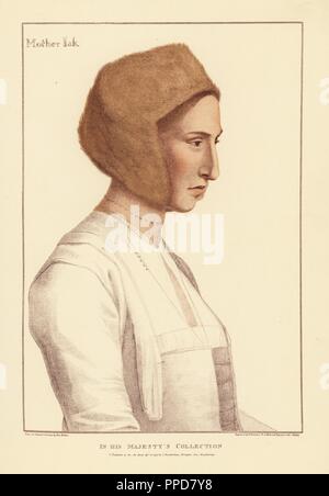 Margaret Clement (née Giggs), foster daughter of Thomas More, wife to John Clement, tutor to the More children. (Mislabeled as Mother Jak, nurse to King Edward VI.) Handcoloured copperplate engraving by Francis Bartolozzi after Hans Holbein from Facsimiles of Original Drawings by Hans Holbein, Hamilton, Adams, London, 1884. Stock Photo