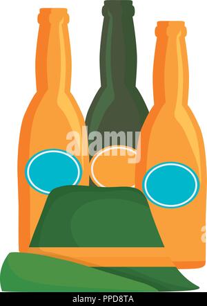 oktoberfest three beer bottles and hat vector illustration Stock Vector