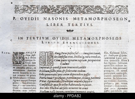 Publius Ovidius Naso ( 43 BC Ð AD 17/18), known as Ovid in the English. Roman poet. The Metamorphoses. Latin narrative poem. Book II. Cadmus. Edited in Frankfurt, 1601. Stock Photo