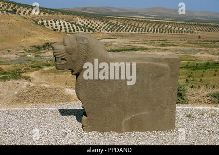 Iron Age Syro-Hittite. A lion carved out of stone.  Ain Dara temple. Ain Dara. Syria. Stock Photo