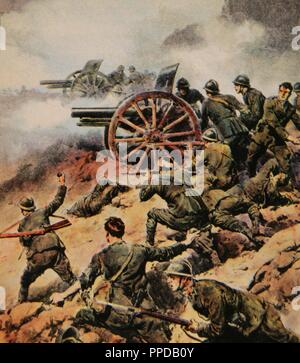 World War I (1914-1918). ' THE ITALIAN ARTILLERY IN BATTLE OF PIAVE '. Fight  between the Italian and Austro-German troops in the course of the river Piave, the Italian front. Colored drawing in ' La Domenica del Corriere ' (1917). Stock Photo