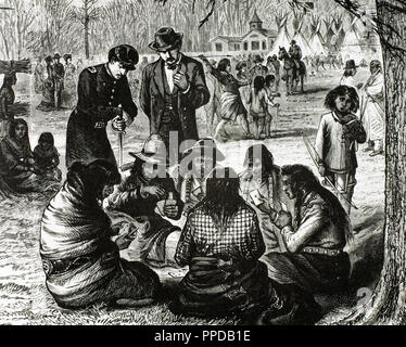 Montana Crow Indian Reservation after the confrontations that took place among a group of Dakota Indians and government agents. Engraving of 'Harper's Weekly' (1887). USA. Stock Photo