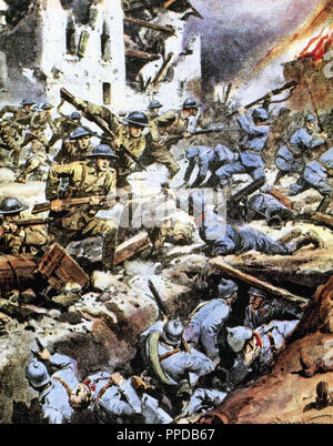 World War I (1914-1918). Attack of the allied troops in the area of Verdun: the british infantry in attack in La Baisselle  to remove a german infiltration. Drawing Color in  'La Domenica del Corriere '. Stock Photo