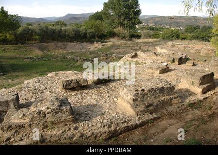 GREEK ART. ACROPOLIS OF SPARTA. Ruins of the ARTEMISION, built between the VII-VI centuries BC and reused in Roman times as a theater. SPARTA. Province of Lakonia. Region of the Peloponnese. Stock Photo