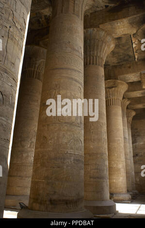 Egypt. Temple of Edfu. Ancient temple dedicated to Horus. Ptolemaic period. It was built during the reign of Ptolemy III and Ptolemy XII, 237-57 BC. First Hypostyle Hall. Columns. Stock Photo