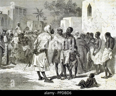HISTORY OF AFRICA. Slave market in Zanzibar. Engraving by Hildibrand. 1882. Stock Photo